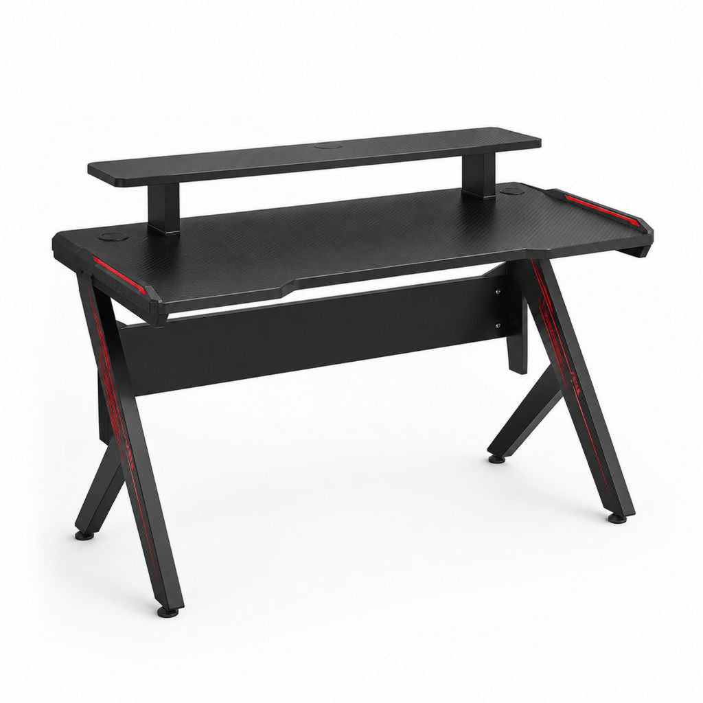 Gaming Schreibtisch Schwarz Rot mit Carbonoptik Spanplatte Stahlgestell 120 x 60 x 75 cm