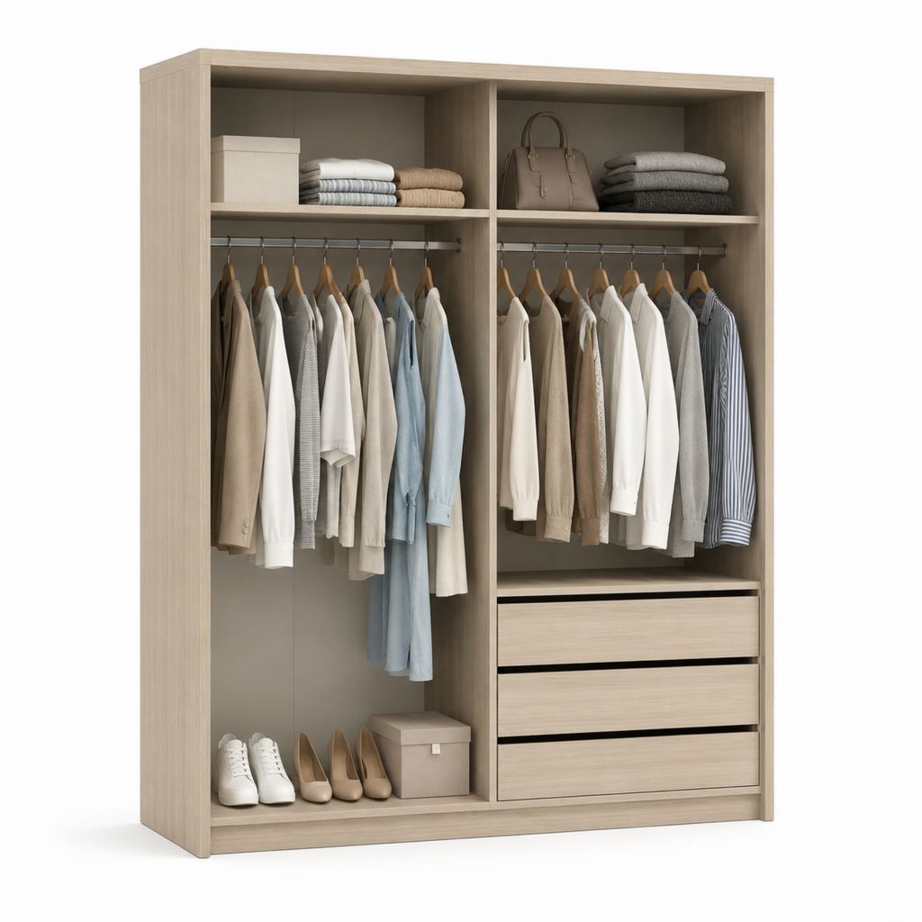 Offener Kleiderschrank helle Eiche aus melaminharzbeschichteter Spanplatte rechteckig mit 2 Kleiderstangen 3 Schubladen 160 x 52 x 200 cm