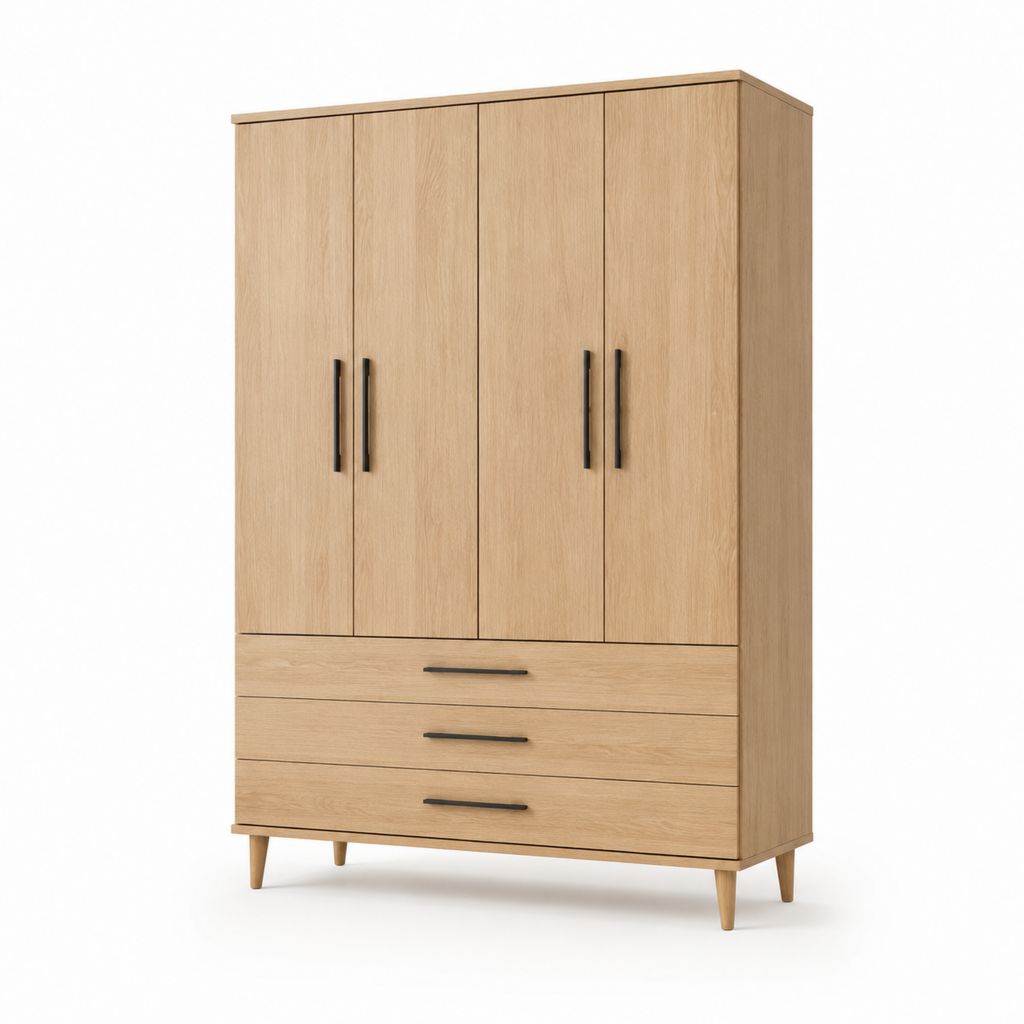 4-türiger Kleiderschrank mit 3 Schubladen in Eiche Dekor aus melaminharzbeschichteter Spanplatte 120 x 55 x 200 cm