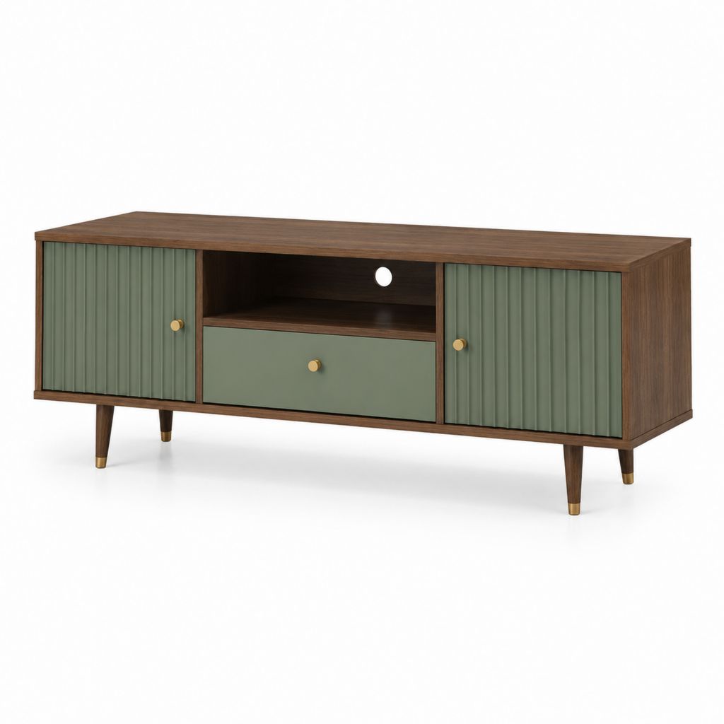 TV-Lowboard Walnuss Grün MDF rechteckig mit 2 Türen 1 Schublade und offenem Fach 160 x 40 x 60 cm