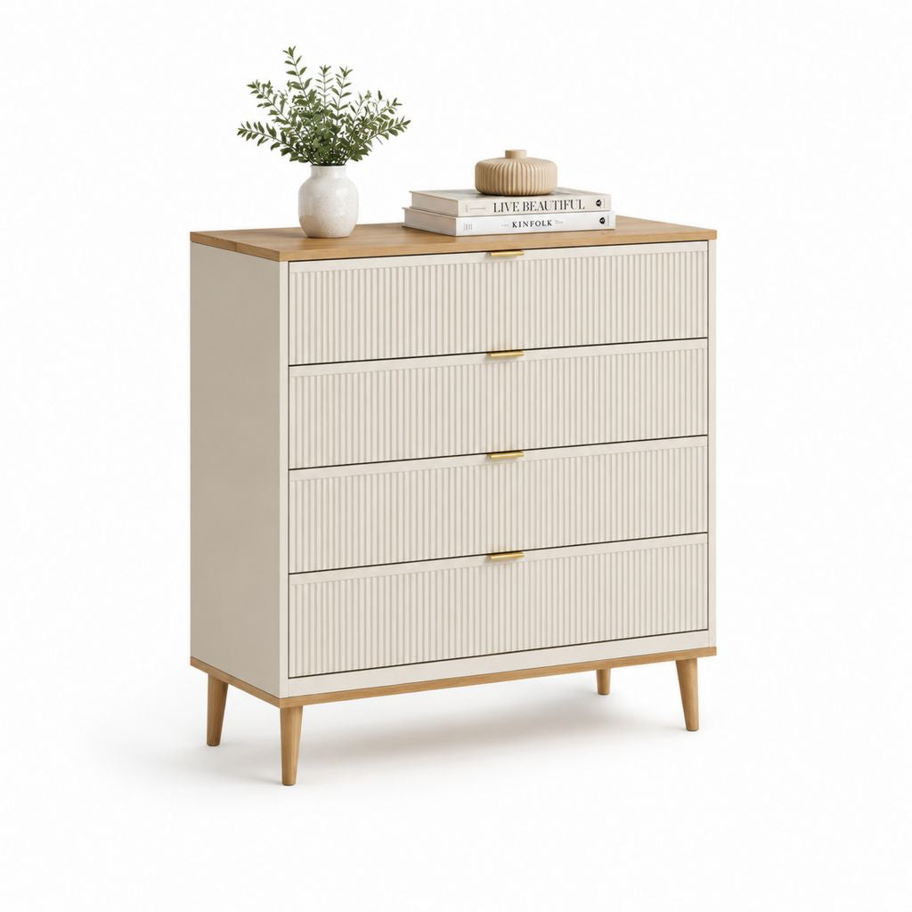 Kommode mit 4 Schubladen in Creme und Naturholz aus MDF 90 x 40 x 100 cm