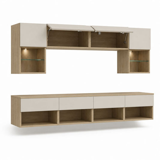 TV Wohnwand Set Weiß Eicheoptik Spanplatte rechteckig 300 x 40 x 180 cm