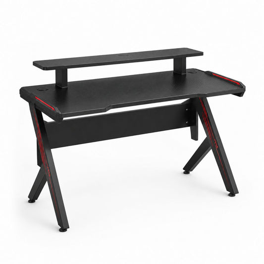 Gaming Schreibtisch Schwarz Rot mit Carbonoptik Spanplatte Stahlgestell 120 x 60 x 75 cm