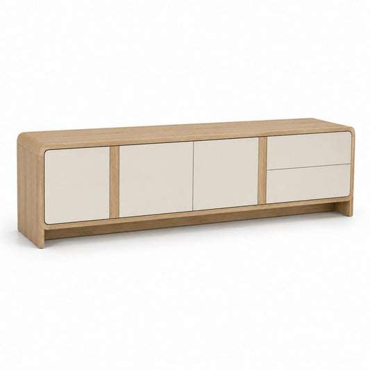 TV Lowboard 180 x 40 x 60 cm in Natur Eiche und Creme mit 4 Türen und Schublade