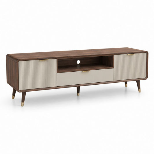 TV-Lowboard Walnussbraun Cremeweiß MDF mit Riffeloptik 180 x 40 x 55 cm