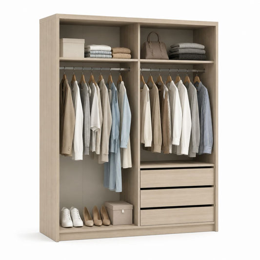 Offener Kleiderschrank helle Eiche aus melaminharzbeschichteter Spanplatte rechteckig mit 2 Kleiderstangen 3 Schubladen 160 x 52 x 200 cm