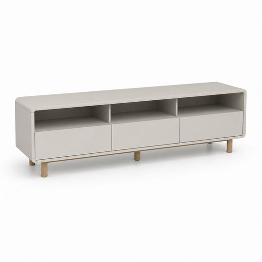 TV-Lowboard Weiß aus MDF und Gummibaumholz mit 3 Schubladen 3 offenen Fächern 180 x 40 x 55 cm