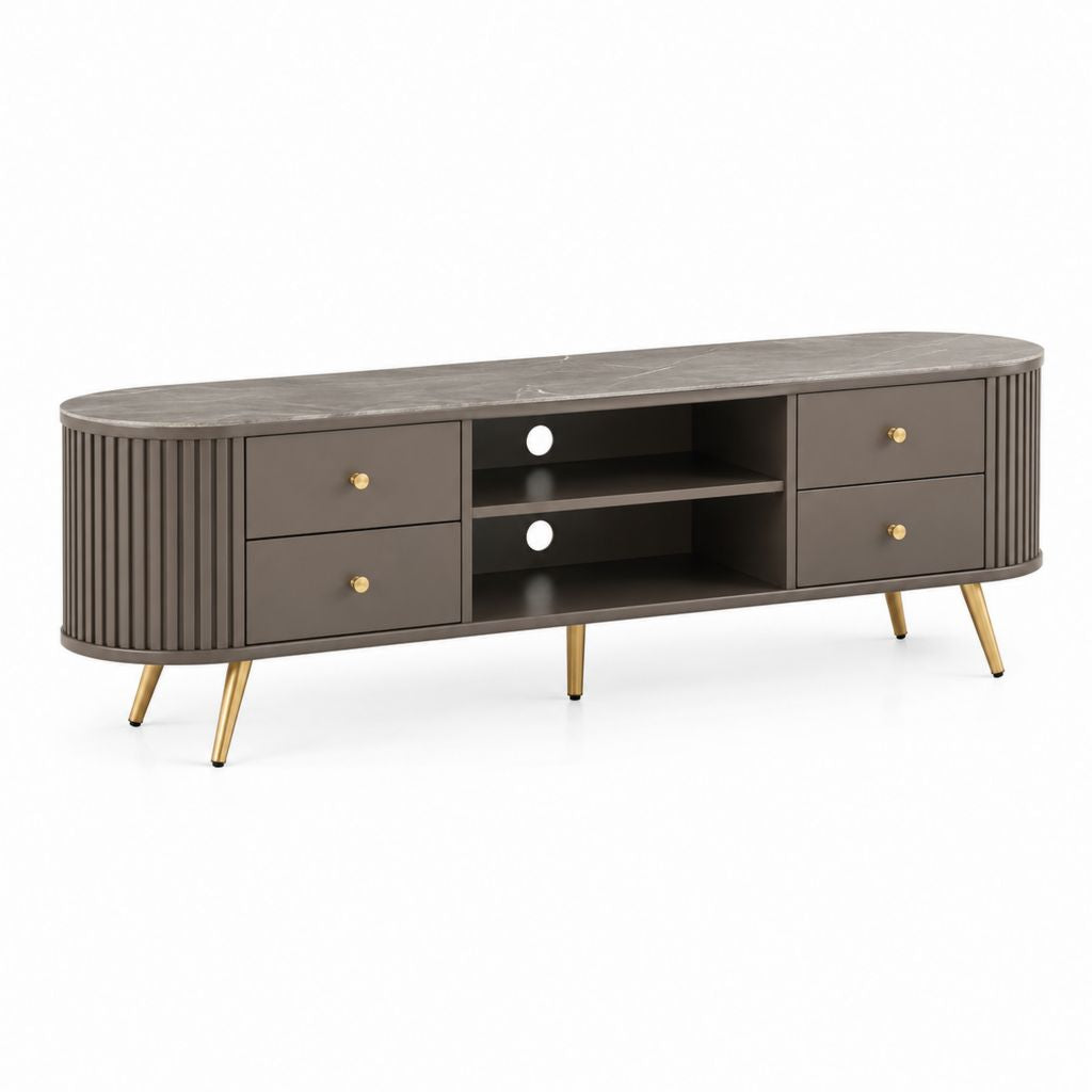 TV-Lowboard Taupe MDF in Marmoroptik abgerundet 180 x 40 x 60 cm mit 4 Schubladen und 2 offenen Fächern