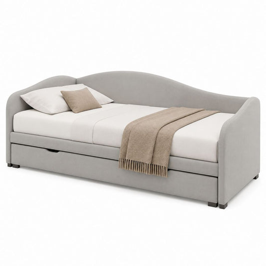 Ausziehbares Tagesbett Hellgrau mit Polyesterbezug und Rollauszug 90 x 200 cm