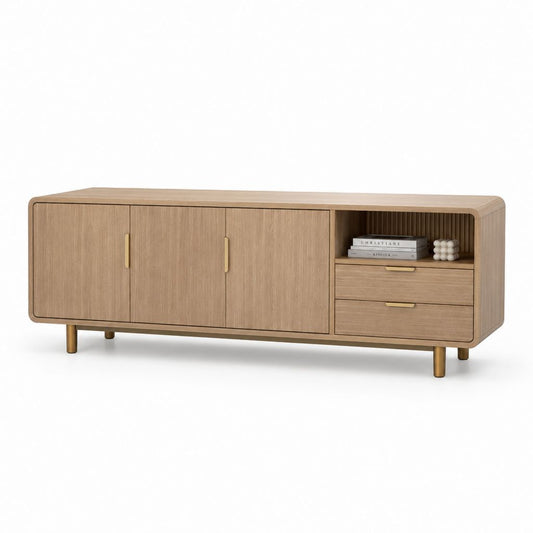 TV-Lowboard Eiche furniert rechteckig mit 3 Türen 2 Schubladen 180 x 40 x 75 cm