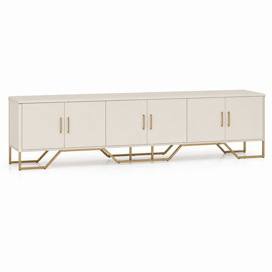 TV Lowboard Cremeweiß MDF Rechteckig mit 6 Türen und Metallgestell Gold 180 x 40 x 60 cm