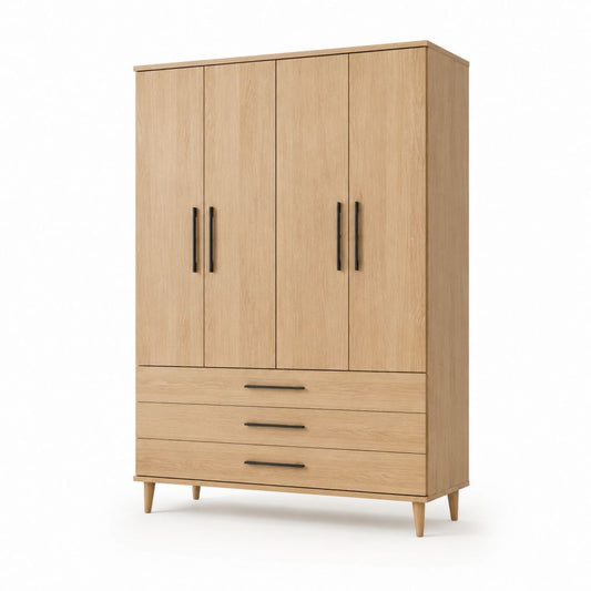 4-türiger Kleiderschrank mit 3 Schubladen in Eiche Dekor aus melaminharzbeschichteter Spanplatte 120 x 55 x 200 cm