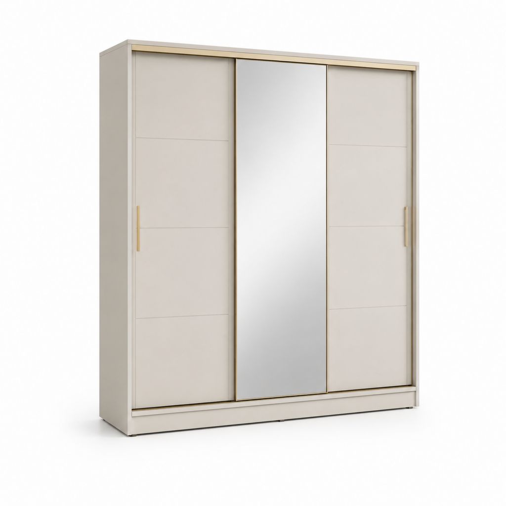 Schwebetürenschrank Weiß mit Spiegel und goldfarbenen Aluminiumgriffen 180 x 60 x 200 cm