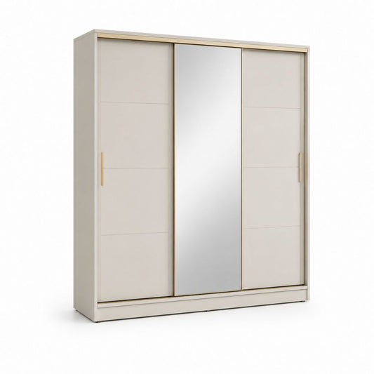 Schwebetürenschrank Weiß mit Spiegel und goldfarbenen Aluminiumgriffen 180 x 60 x 200 cm