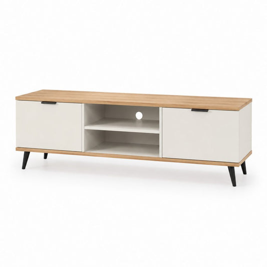 TV-Lowboard Weiß Natur Spanplatte rechteckig 160 x 40 x 50 cm mit 2 Türen und offenen Fächern