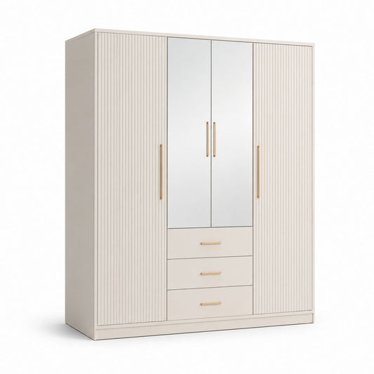 Kleiderschrank mit Spiegel 4 Türen 3 Schubladen Creme Spanplatte rechteckig 180 x 60 x 200 cm
