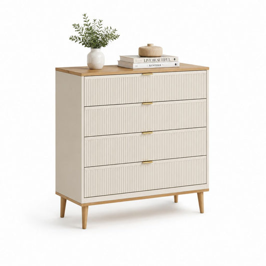 Kommode mit 4 Schubladen in Creme und Naturholz aus MDF 90 x 40 x 100 cm
